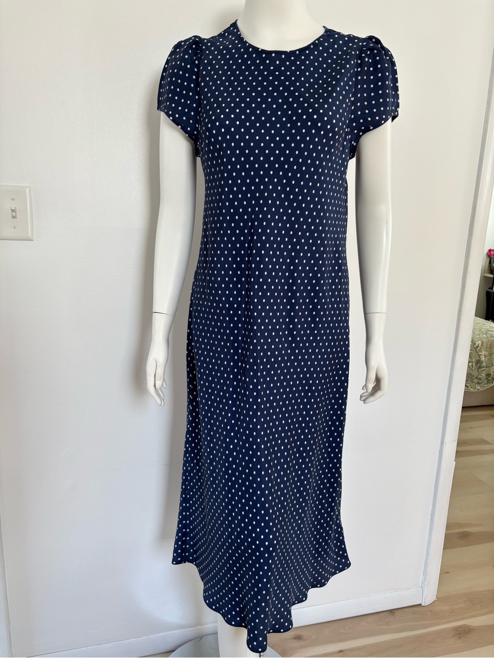 J. Crew  Cupro Navy Polka Dot Midi Dress